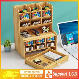 【24h Paghahatid】4 Multi-function Wooden Desktop Pen Holder Office School Storage Pencil Organizer
