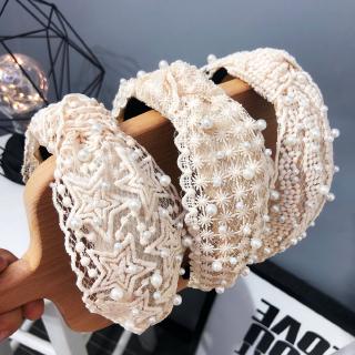 Korean Lace Pearl Knotted Headband Wide-brimmed Sweet Mesh Woman Hair Band Hoop Hair Accessories