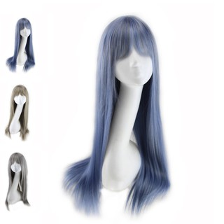 Women Synthetic Hair Long Straight Wig with Air Bangs for Cosplay Daily Wear