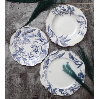 MIDOSHARK Retro Design Flower Shape Phnom Penh Bone China dinner plates Hand painted blue plant