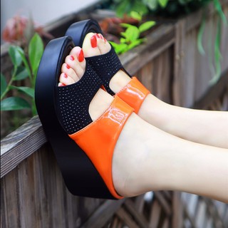 Ladies platform slippers with wedge heel