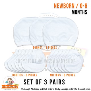 Booties Mittens Set for Baby Set of 3-Pairs Cotton Unisex WHITE (Newborn / 0 - 6 Months)High Quality