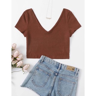SHEIN- DOUBLE V NECK RIB KNIT CROP TOP