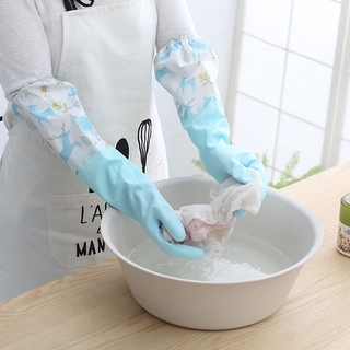 Dishwashing gloves women plus velvet durable waterproof laundry gloves men's autumn and winter thickened rubber lint labor insurance housework