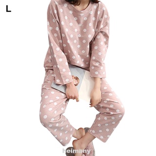 Women Pajamas Long Sleeve Polka Dot Crew Neck Cute Sleepwear Pullover Loose Home 2pcs
