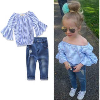 Baby Girl Off Shoulder Stripe T Shirt Top Jeans Pants Set (1)