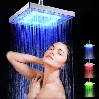 ™☽8-in Led Rainfall Shower Head Square Shower Head With Led Lights Automatically Color Changing Led