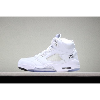 Kids Air Jordan 5 Retro Metallic White White/Metallic Silver-Black Sports Basketball Shoes