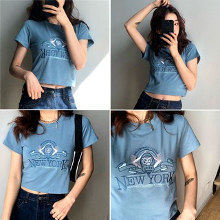 【Ready Stock】Women American Style Classical Embroidery Fitted Sando Crop Top Korean Clothing T-Shirts Tops (1)