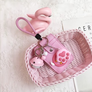 VG Cute pink cat claw card set keychain student bus subway card case bag pendant (1)