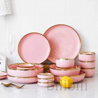 NEW ARRIVAL European Gilt Ink Pink Ceramic Tableware Household Dish Noodle Bowl Steak Western Dish