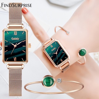 [Ready Stock] Women Watches Fashion Square Ladies Quartz Watch Bracelet Set Green Dial Simple Rose Gold Weave Luxury Women's Bracelet Watches