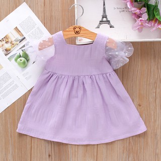 Summer girls' dress sweet color Sequin mesh bubble sleeve solid color fake two princess dresses