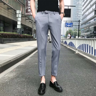 Korean Fashion Slim Fit Office Pants For Men Slacks Formal Spring And Autumn Stripe Suit Pants Youth Skinny Straight Mens Trousers Casual Ankle Length Male Trouser (1)