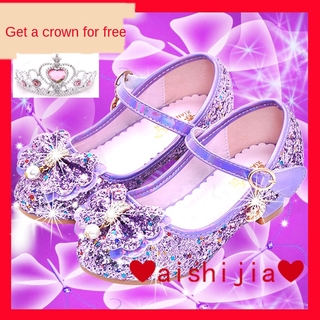 ready stock ❤ aishijia ❤ 【26--38】Girls Princess Shoes2020New Spring and Autumn Girl Children's High Heels Purple Crystal Shoes Pink Student Shoes Girls Leather Shoes Bowknot Princess High Heels Crystal Shoes (1)
