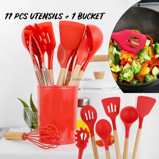 Silicone RED Kitchen Utensils with Wooden Handle (Sold Per Piece). (9)