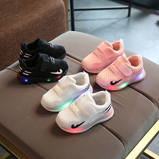 COD 1-3 Years Fashion Brand Kids Sneakers for Boys Running Shoes LED Sport Girls White Shoes Size 21-25 Ready Stocks