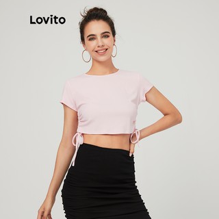 Lovito Street Solid Drawstring Bodycon Round Neck Crop Tops L03022(Pink/White/Light blue/Gray)