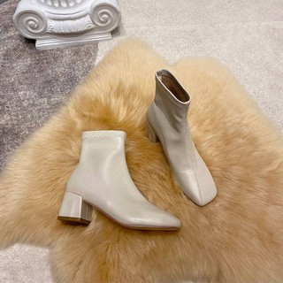 heels 2020 autumn and winter new thick heel short boots women's mid-heel square toe spring and autumn single boots square heel white skinny boots high-heeled net red