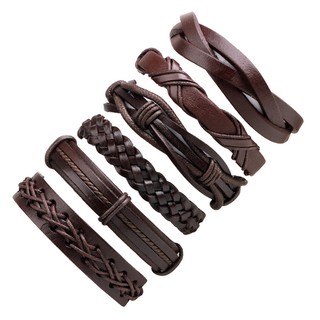 6 Pcs/Set Men's Women's Vintage Brown PU Leather Bracelets Weaved Wristband Wrap (3)