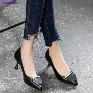 2021 spring and autumn new high heels women s pointed stiletto single shoes soft leather professional small heel shallow mouth mid-heel shoes