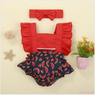 ✿KIDSUP✿Newborn Baby Girl Ruffle Watermelon print Romper Bodysuit Jumpsuit + Headband Summer Outfit
