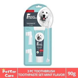 Fresh Friends Dog Toothbrush and Toothpaste Set - 90g Mint Flavor Toothpaste with 3pcs Dog Toothbrus