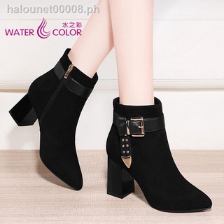 Hot sale▨۩Water color short boots women s boots autumn and winter shoes casual plus velvet winter shoes frosted high heels women s shoes 3710 (1)