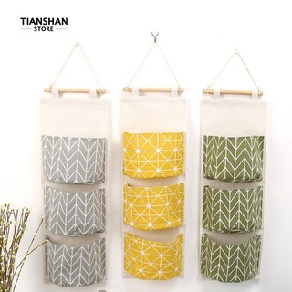Tianshan 3 Pockets Wall Door Closet Home Hanging Storage Bag Linen Fabric Organizer Pouch
