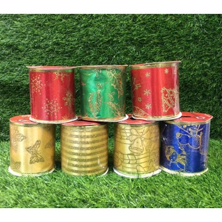 Roll of wired printed Christmas Tree ribbon mesh 8cm