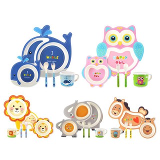 BABA Cute Animal Shape Plate Set Plastic Feeding Bowl Spoon Fork And Cup For Kids Toddler Kids