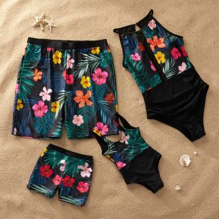 Women Girl One Piece Swimsuit Sleeveless Patchwork Men Boy Beach Shorts Family Matching Beachwear (1)
