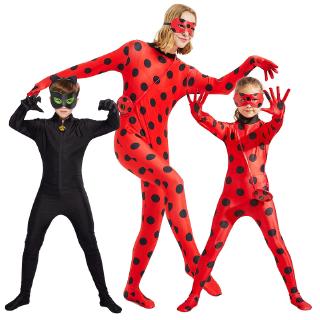 Ladybug Cosplay Costume Sets Black Cat Noir Kids Adult Cosplay Halloween Lady Bug Jumpsuit+Mask+Bag