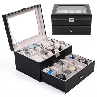Double-Layered 20 Grids Slots Leather Watch Box WB20