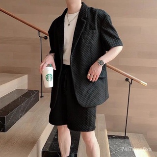 【ins】Summer Menswear Loose Internet Hot Pu Shuai Short-Sleeved Suit Men's Trendy Waffle Suit Casual