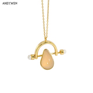 ANDYWEN 925 Sterling Silver Big Pendant Oval Pendant Necklace Adjustable Chain Women Fashion Crystal