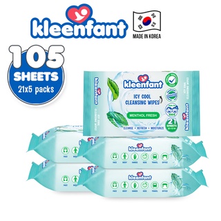 Kleenfant Menthol Fresh Icy Cool Cleansing Wipes 21 Sheets Pack of 5 Power Cooling Wet Wipe Travel