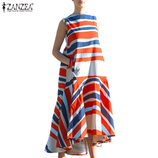 ZANZEA Women Casual Round Neck Sleeveless A Line Printed Striped Dress
