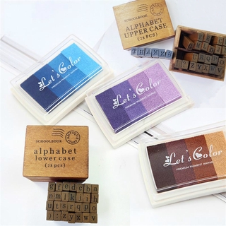 28Pcs/set Alphabet Letter Lowercase Uppercase Wooden Rubber Stamp Set Gradient Colorful Inkpad for DIY Stamp Scrapbooking