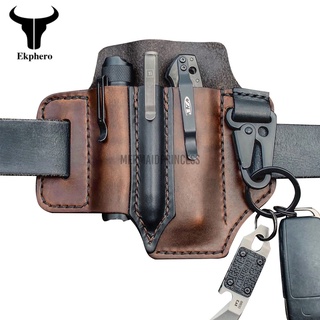 Men EDC Genuine Leather Multitool Flashlight Key Pen Organizer Gear Waist Belt Bag