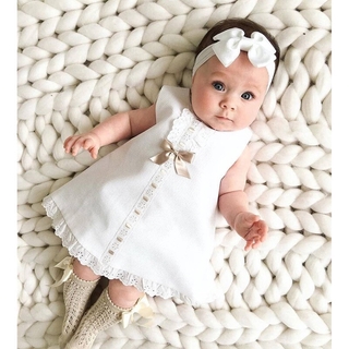 0-12M Infant Clothing Round Collar Short Sleeve Solid Color Lace White Dress Bow Head Scarf