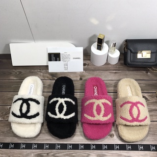 (Size:35-40) CHANELs Indoor Wool Slippers Non-slip Wool Slippers Shoe Box Packaging