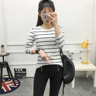 Spring Women T-Shirts Long Sleeve Striped O-neck Casual Top