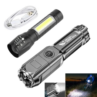 USB Rechargeable Waterproof T6 COB LED Tactical Flashlight/ 3 Modes Zoomable Emergency Lamp for Hiking, Camping/ Portable Outdoor Lighting LED Night Light
