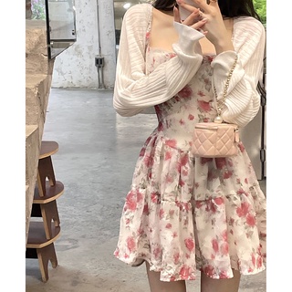 Floral-Print Dress Women's Summer Chiffon Waist Sweet Dress AWord Skirt Korean-Style Women's Skirts