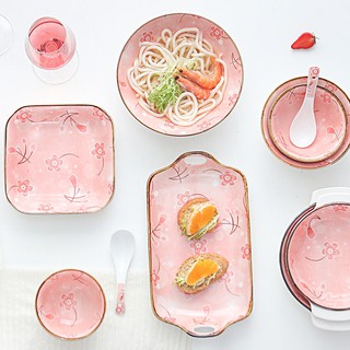 Ceramic Double Handle Round /Rectangular Plate Ramen Bowl Dinner Plates Japanese Snow Plum Style Ta
