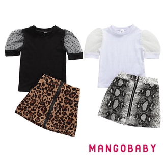 MG-Summer Toddler kids Baby Girl Lace Puff Sleeve Tops T-Shirt+Leopard Zipper Skirt Lovely Fashion Outfits Clothes