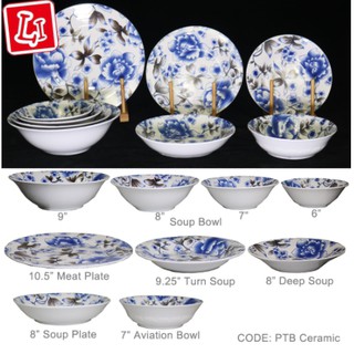 Oriental Floral Ceramic Dinner Plate Bowl PTA BLUE