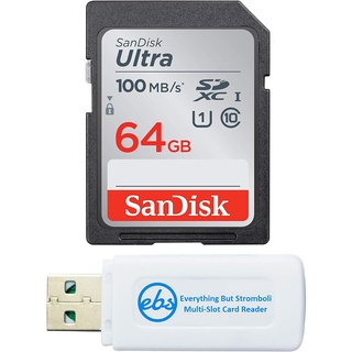 SanDisk 64GB SDXC SD Ultra Memory Card Works with Canon EOS Rebel T7, Rebel T6, 77D Digital Camera Class 10 (SDSDUNR-064G-GN6IN) Bundle with (1) Everything But Stromboli Combo Card Reader
