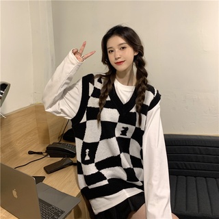 xiaozhainv Korean women's loose V-neck check knit vest sweater vest